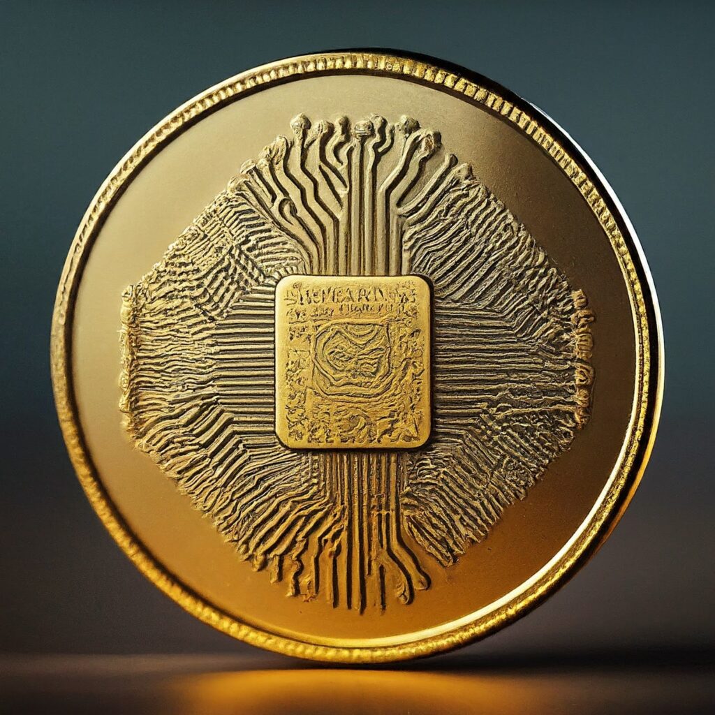 Central Bank Digital Currency (CBDC) concept: Gold coin representing physical currency merging with a circuit board representing digital currency.