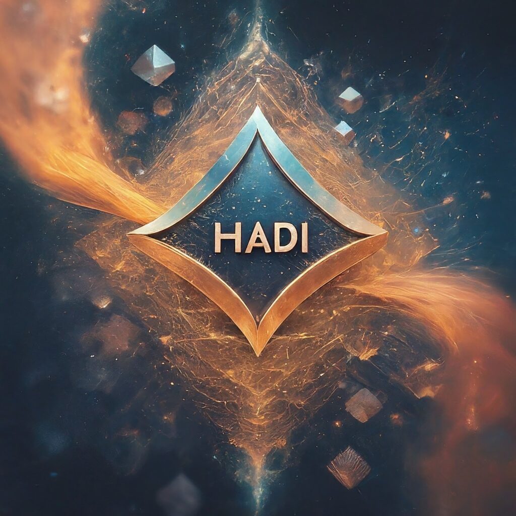 Interconnected blockchains forming a multiverse, with pathways to decentralized applications and marketplaces. The HADI logo is central, signifying its role as a gateway to this expansive future.
