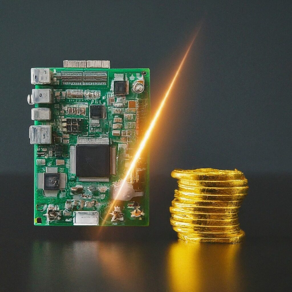 Staking vs. Mining Crypto: Circuit board representing mining connected to a stack of coins representing staking.
